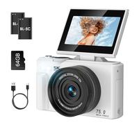 5K Digital Camera, LAMA 75MP Autofocus Compact Vlogging Camera with 64G SD Card with 3.0 Inch 180° Flip Screen, 18X Digital Zoom Camera for All Ages, White