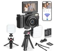 5K Digital Camera with WiFi for Photography, 64MP Vlogging Camera with Flip Screen for YouTube, Includes 64GB SD Card, Tripod, Selfie Light & 2 Batteries