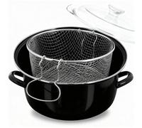 5L Deep Fat Fryer Wire Basket - Black Enamel Steel Pot Pyrex Glass Lid - Multipurpose Cooking Pot for Chips, Chicken, Pasta & Stews - Gas, Electric, Halogen Hob Compatible (H16 x D27 x W33 cm)