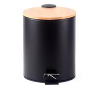 HOMION 5L Litre Round Pedal Bin Stainless Steel Toilet Bath Bathroom Kitchen Bin with Inner Bucket 5 Liter (Black with Bamboo LID)