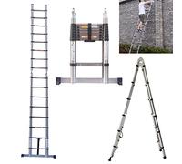 5M / 2.5M+ 2.5M Foldable Ladders A Frame Telescopic Stainless steel Extendable Extension 16 Steps150kg Max. Capacity Multipurpose Climb Ladder Portable Loft Attic for Business Home Work DIY Builder