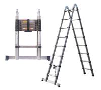 (5M(2.5M+2.5M)) Telescopic Ladder Folding Portable Extendable A-Frame Ladder Anti Slip with Stabilizer Bar Heavy Duty Stainless Steel