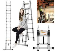 5M A Frame Folding Telescopic Ladders Extendable 8+8 Steps Aluminium Step Ladder, Multi-Purpose Extension Collapsible Telescoping Ladder Portable Roof Loft Ladder Foldable Ladder, Max Load 330lbs