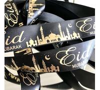 5M Eid Mubarak Ribbon, Black Satin, Gifts, Presents, Hampers, Gift Wrapping, Gift Box Ribbon, Bow Making, Eid Decorations.