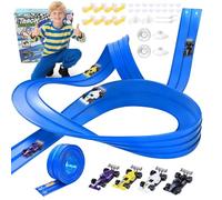 5M Flexible Race Track Includes 4 Alloy Cars - Speed Track for Toy Cars, Flexible Car Tracks for Kids, Roll Up Race Track with 32 Accessories Attach to Windows Doors for Loops, Jumps, Ramps (Blue)