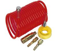 5M Pu Coiled Air Hose Kit - 1/4 Inch Bsp Unions - Quick Release Coupling Kit