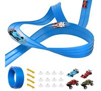 5M Race Car Track, Flexible Race Car Ramp Track Toy with 4 Alloy Cars, Rolls Up Portable Dual Racetrack for Jumps Loops Ramps for 1/64th Cars for Ages 3+ (Blue)