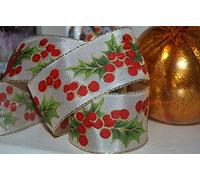5m Ribbon Queen Christmas Holly 1.5" Wired Wire Edged Edge Taffeta Ribbon. Cakes, Trees, Presents, Florist. Red Green Ivory