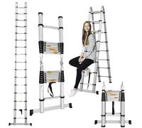 5M Telescopic Ladder 2.5M+2.5M A Frame Multi-Purpose Aluminum Telescoping Ladders Extendable 2x8 Steps Portable Sturdy Loft Ladder for Gutter Cleaning Replace Bulb Repair Roof, Max Load 330lbs