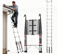 5m Telescopic Ladder with Detachable Hooks - Stable & Adjustable Height | Heavy Duty Stainles Steel Loft Ladder for Home & Outdoor Use, Anti-Slip Steps, 150kg Load, Compact Storage