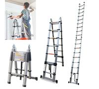 5M Telescopic Ladder with Stabiliser Bar, Multi-Purpose Folding Step Ladder, Stainless Steel 2.5M+2.5M A Frame Extendable Ladder Attic Ladder, EN131
