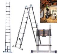 5m Telescopic Ladders EN131 Standards with Stabiliser, 2.5m+2.5m A Frame Telescopic Multi Purpose Combination Step Ladder, Extension Ladders Extendable Folding Garden Loft Ladder for Window Cleaning