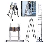5M Telescopic Ladders with Stabiliser A Frame Extendable Ladder Stainless Steel Multi-Purpose Loft Ladder, 2.5M+2.5M, 150kg Capacity