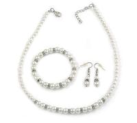 5mm, 7mm White Faux Glass Pearl/Crystal Bead Necklace, Flex Bracelet & Drop Earrings Set In Silver Plating - 42cm L/ 5cm Ext
