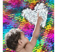 5MM Anti-Falling Sensory Wall Sequin Flip Fabric for Kids High Density Reversible Sensory Graffiti Fabric for Toddlers Sequin Fabric by The Yard Mermaid Fabric Rainbow to Silver-2yd, 50” x 72”