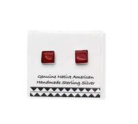 5mm Real Red Coral Stud Earrings 925 Sterling Silver Authentic Indian Handmade in New Mexico USA Post Small Square Jewelry for Women Girls Nickel Free Small