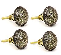 5MOONSUN5 4 Pack Antique Brass Kitchen Cabinet Knobs Pulls, Antique Gold Round Vintage Dresser Drawer Handles for Bedroom Cupboard Door, Weathered Gold Victorian Floral Pattern (Set of 4)