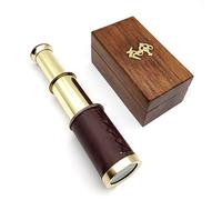 5MoonSun5's Nautical Brass Spyglass Telescope with Compass and Wooden Box, 6" Handheld, Antique Brown Leather Finish, Pirate Navigation