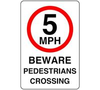 5mph beware pedestrian crossing - High tack self-adhesive sticker (300mm x 200mm) Ensures safety within 4m viewing distance, promoting road safety.