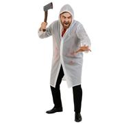 5pc Adults Psycho Costume for Mens Halloween Costumes - Clear Rain Coat, Fake Blood, Fake Axe, Red Tie & Business Card - Psycho American Film Serial Killer Outfit - Mens Adult Halloween Fancy Dress