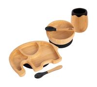 Tiny Dining Baby Feeding Set - Elephant - Black - 5pc - Divided Non-Slip Bamboo Self-Feeding Weaning Plate, Bowl, Drinking Cup, Fork & Spoon for Babies, Toddlers, Children
