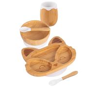 Tiny Dining Baby Feeding Set - Fox - White - 5pc - Divided Non-Slip Bamboo Self-Feeding Baby Weaning Plate, Bowl, Drinking Cup, Fork & Spoon for Babies, Toddlers, Children