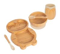 Tiny Dining Baby Feeding Set - Penguin - Beige - 5pc - Divided Non-Slip Bamboo Self-Feeding Baby Weaning Plate, Bowl, Drinking Cup, Fork & Spoon for Babies, Toddlers, Children