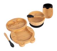 Tiny Dining Baby Feeding Set - Penguin - Black - 5pc - Divided Non-Slip Bamboo Self-Feeding Baby Weaning Plate, Bowl, Drinking Cup, Fork & Spoon for Babies, Toddlers, Children