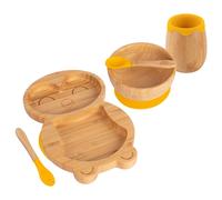 Tiny Dining Baby Feeding Set - Penguin - Yellow - 5pc - Divided Non-Slip Bamboo Self-Feeding Baby Weaning Plate, Bowl, Drinking Cup, Fork & Spoon for Babies, Toddlers, Children