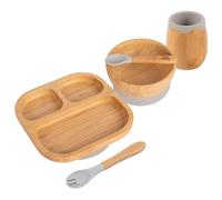 Tiny Dining Baby Feeding Set - Grey - 5pc - Segmented - Divided Non-Slip Bamboo Self-Feeding Weaning Plate, Bowl, Cup, Spoon & Fork for Babies, Toddlers & Children