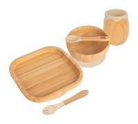 Tiny Dining Baby Feeding Set - Beige - 5pc - Square - Divided Non-Slip Bamboo Self-Feeding Weaning Plate, Bowl, Cup, Spoon & Fork for Babies, Toddlers & Children