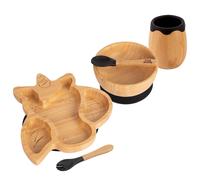 Tiny Dining Baby Feeding Set - Unicorn - Black - 5pc - Divided Non-Slip Bamboo Self-Feeding Baby Weaning Plate, Bowl, Drinking Cup, Fork & Spoon for Babies, Toddlers, Children