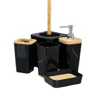 5pc Black Bathroom Accessories Set Plastic Bamboo Dispenser Dish Tumbler Holder