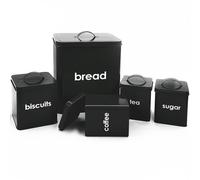 5PC BLACK METAL BREAD BIN SUGAR COFFEE TEA ENAMEL COATED STORAGE CANISTERS SET