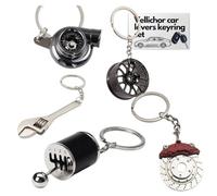 5pc Car Lovers Key Chain Set,Manual Gear Shifter,Wheel Rim,Spanner,Turbo,Brake Disc keychain,Automotive Accessories,Auto Vehicle Enthusiast Gift Set,Car Truck Bike, Grey and Black, One size