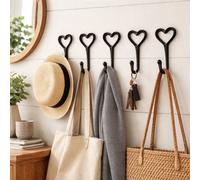 Homezone® 5Pc Love Heart Coat Hooks Decorative Wall Mounted Black Cast Iron Hanging Hooks for Home Garden Vintage Coat Hooks On Wall for Hanging Coats, Towels, Bags, Keys and More