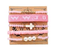 5PC Christian Cross WWJD Crystal Beads Stretchable Woven Bracelet with Card What Would Jesus Do Inspiring Religious Jewelry
