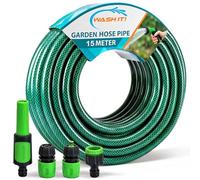 5pc Garden Hose Pipe with Connectors and Adjustable Spray Nozzle Fitting - Reinforced Weatherproof Garden Hosepipe with Hose Nozzle and Hosepipe Connectors for Car Washing and Plant Watering (15m)