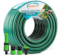 5pc Garden Hose Pipe with Connectors and Adjustable Spray Nozzle Fitting - Reinforced Weatherproof Garden Hosepipe with Hose Nozzle and Hosepipe Connectors for Car Washing and Plant Watering (50m)