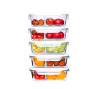 5PC Glass Food Containers with 2 Portion Compartment 1020ml simpa Clear One Size