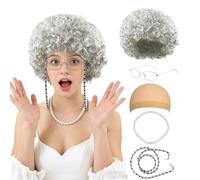 5Pc Granny Wig Old Lady Costume Set, Fun Wigs Light Gray with Wig Net Cap Glasses Eyeglasses Chain Pearl Necklace Grandma Accessories for 100 Days of School Costume Cosplay Comedy Christmas Mrs. Claus