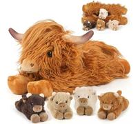 5PC Highland Cow Stuffed Animals with Babies Inside, 1 Mommy Highland Cow Plush & 4 Surprise Babies, Cute Soft Plush Toy for Kid Boy Girl Age 3-8, Gifts Ideal for Birthday, Christmas Imaginative Play