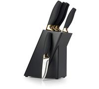 5pc Kitchen Knife Set & Block - Brooklyn Range by Taylors Eye Witness. Brass Coloured Bolsters, Finely Ground Razor Sharp Stainless Steel Blades. Soft Grip Handles All Set in A Black Wood Holder.