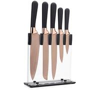 5pc Kitchen Knife Set & Block - Taylors Eye Witness. Rose Gold Coloured Bolsters, Finely Ground Razor Sharp Titanium Coated Matching Blades. Soft Grip Rounded Handles. Modern Upright Holder