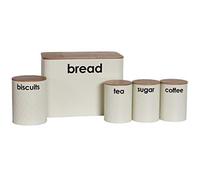 5pc Kitchen Storage Set with Airtight Bamboo Lids Includes Tea Coffee Sugar with Matching Biscuit Barrel Canister Jar & Bread Bin by Crystals® (Cream)