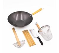 5pc Oriental Cooking Set with Carbon Steel Non-Stick Wok, 30cm, Bamboo Chopsticks, Bamboo Skimmer, Strainer and Cleaver World of Flavours Multi Large