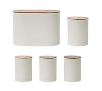 5PC Oval Kitchen Storage Set: Bread Bin, Biscuit Tin and Tea, Coffee & Sugar Canister Set - Matt Cream - Embossed Lettering Design.