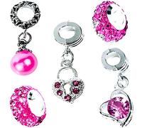 5Pc Pink Crystal Heart Charms Pandora Compatible - Sparkling Love Beads for Bracelets Necklaces - Romantic Valentine Birthday Christmas Gifts Girls Teens Mum Daughter