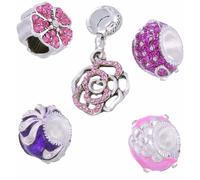 5Pc Pink Flower Charm Set for Pandora Bracelets - Rose Crystal Dangle & Beads with Rhinestones - Luxury Pink Jewellery Gifts for Women Girls Mum - Pandora Compatible