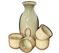 5pc Reactive Glaze Sake Set Green Japanese Bottle with 4 Cups Glazed Serveware